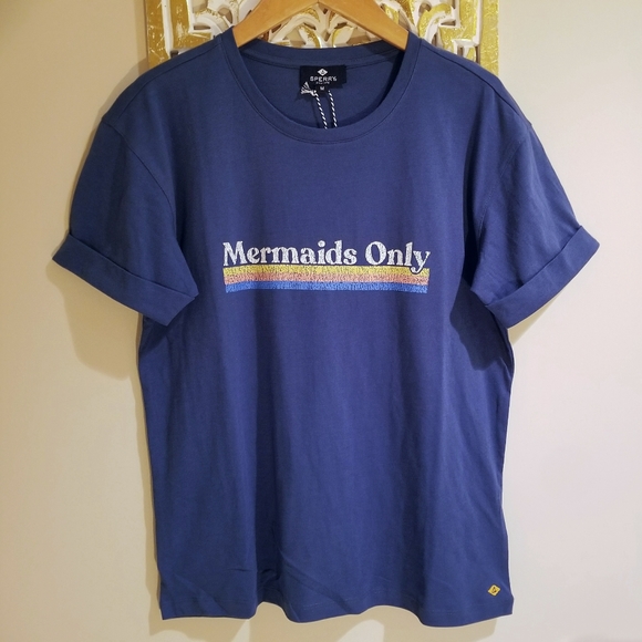 Sperry Mermaids Only Cuffed Sleeve T-Shirt NWT Blue Teal - Picture 2 of 7